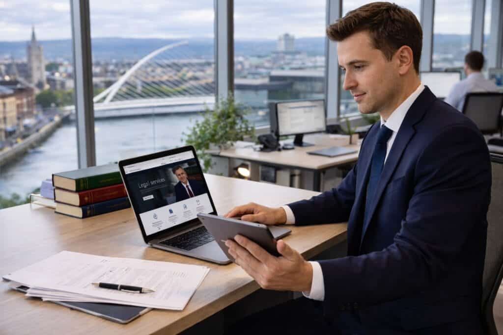 Young Irish solicitor working on laptop in modern Dublin office with city views, representing the rise of online legal services in Ireland