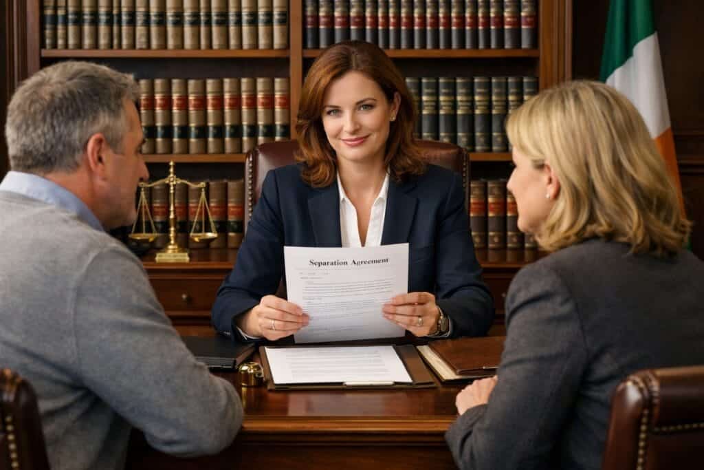 Irish solicitor advising couple on separation agreement in Dublin law office