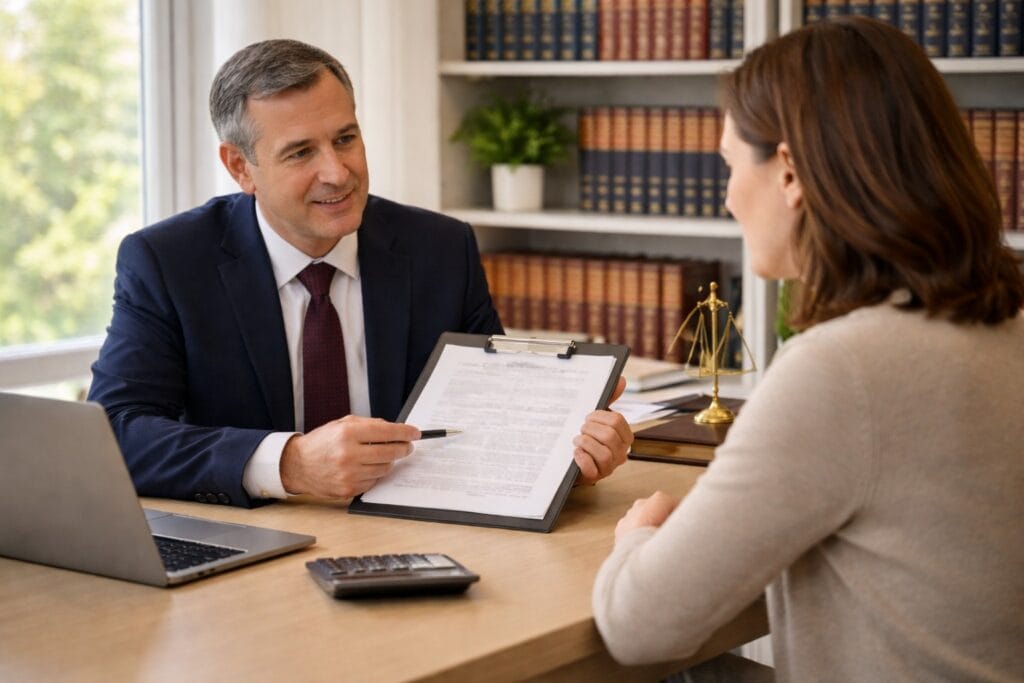 Irish solicitor discussing legal fees and pricing with client in modern office