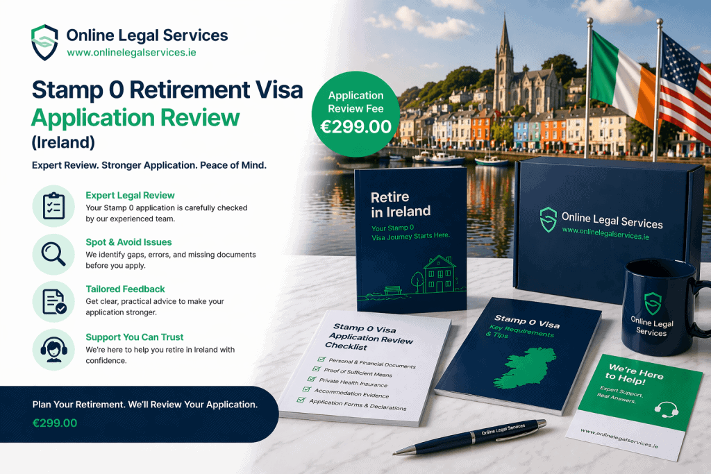 Stamp 0 Retirement Visa Application Review Ireland with visa guides, checklist documents, Irish and US flags, and scenic Irish harbour backdrop.