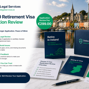 Stamp 0 Retirement Visa Application Review Ireland with visa guides, checklist documents, Irish and US flags, and scenic Irish harbour backdrop.