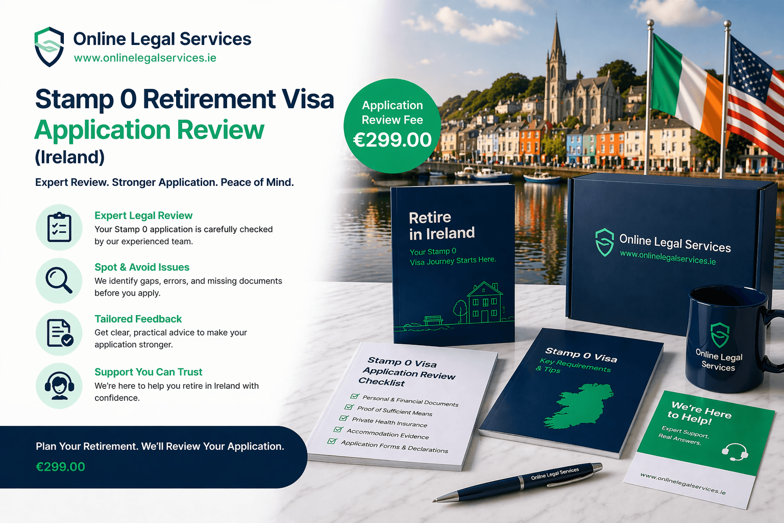 Stamp 0 Retirement Visa Application Review Ireland with visa guides, checklist documents, Irish and US flags, and scenic Irish harbour backdrop.
