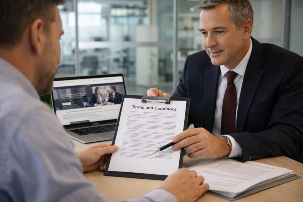 Business professionals reviewing terms and conditions with solicitor in modern Irish office
