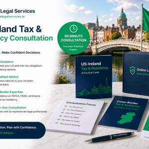 US-Ireland Tax and Residency Consultation 60 minute service with guidance booklets, consultation checklist, Irish and US flags, and Dublin city backdrop