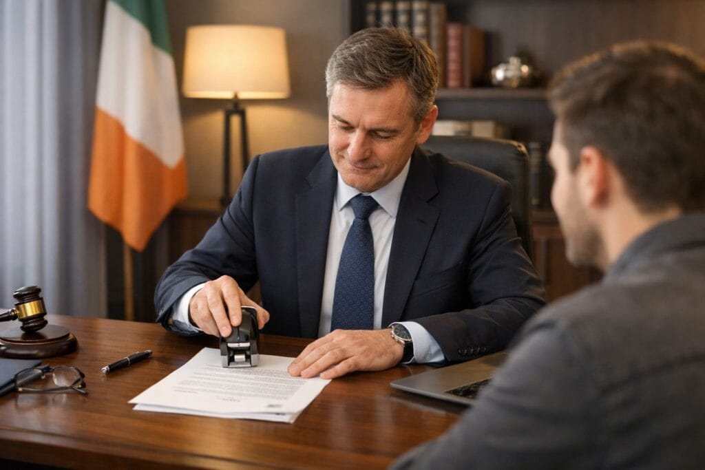 Irish solicitor stamping and witnessing an affidavit document in a professional office with Irish flag