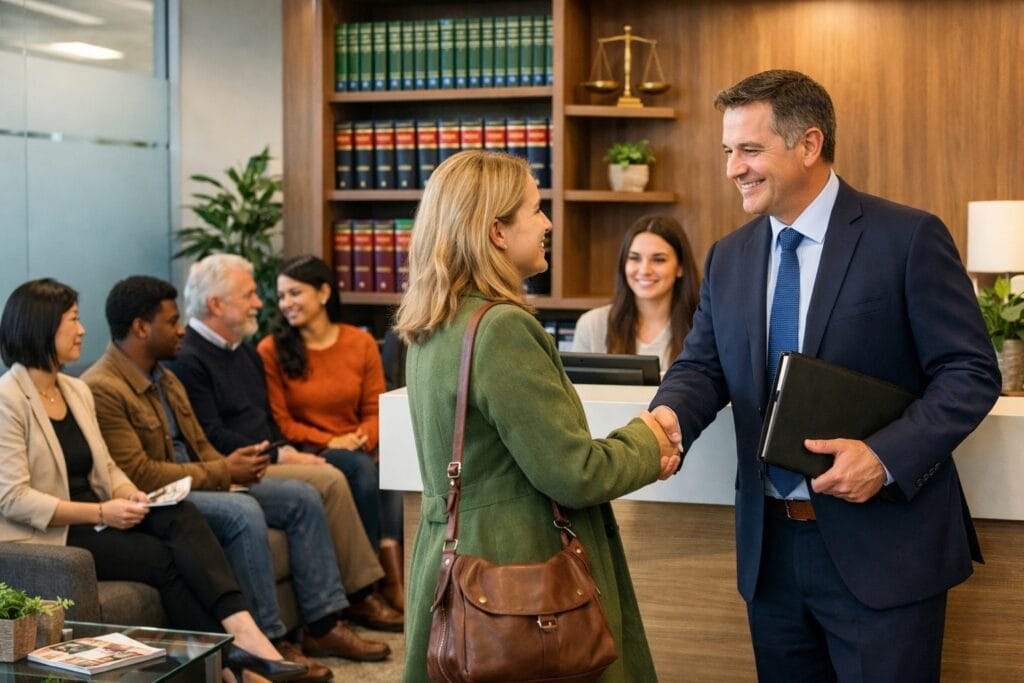 Solicitor greeting a client in a modern Irish law office with people in the waiting area
