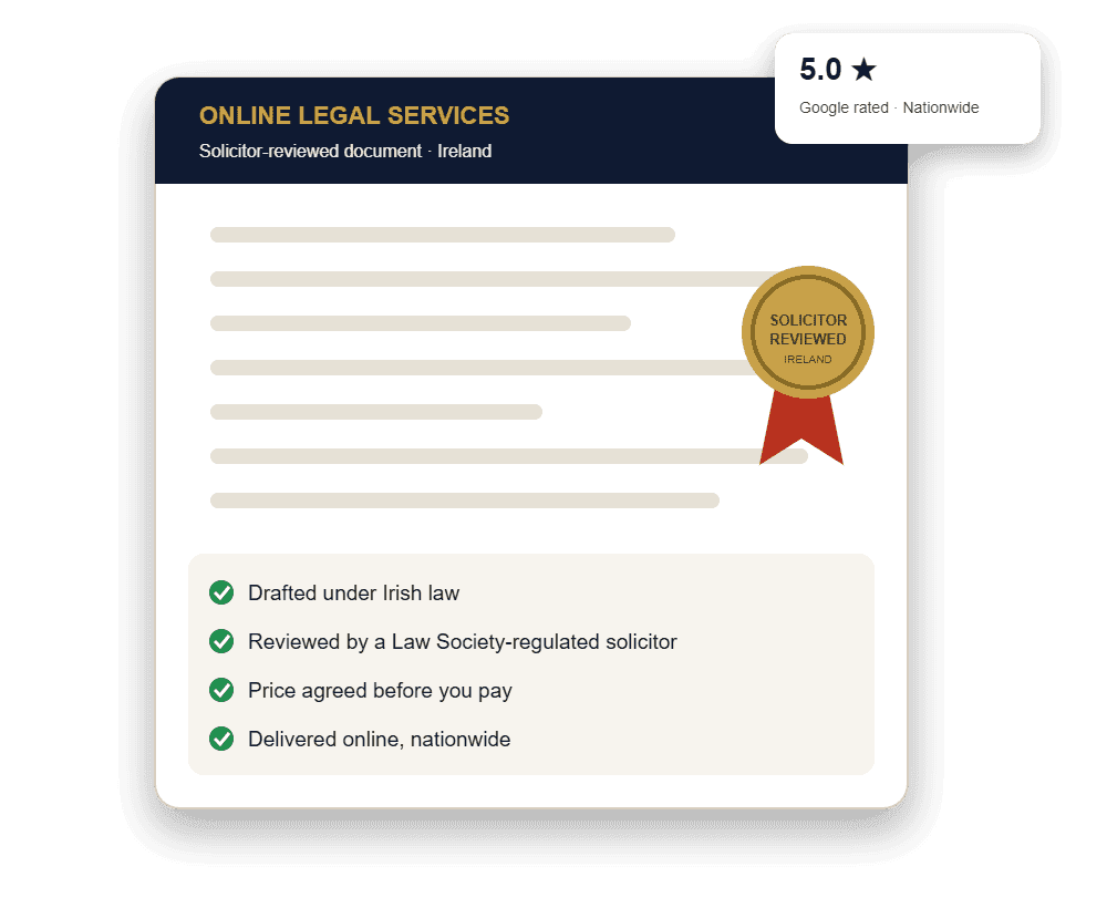 Illustration of a solicitor-reviewed legal document with a review seal, prepared online for clients across Ireland